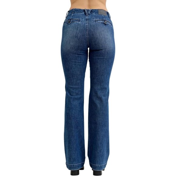 Womens Jeans Mid Rise Bootcut Tummy Control Welt Pockets Fitted - Picture 2 of 5